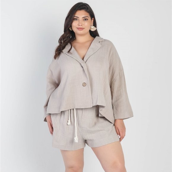 Women's Plus Size Grey Collared Neck Blazer Short Set